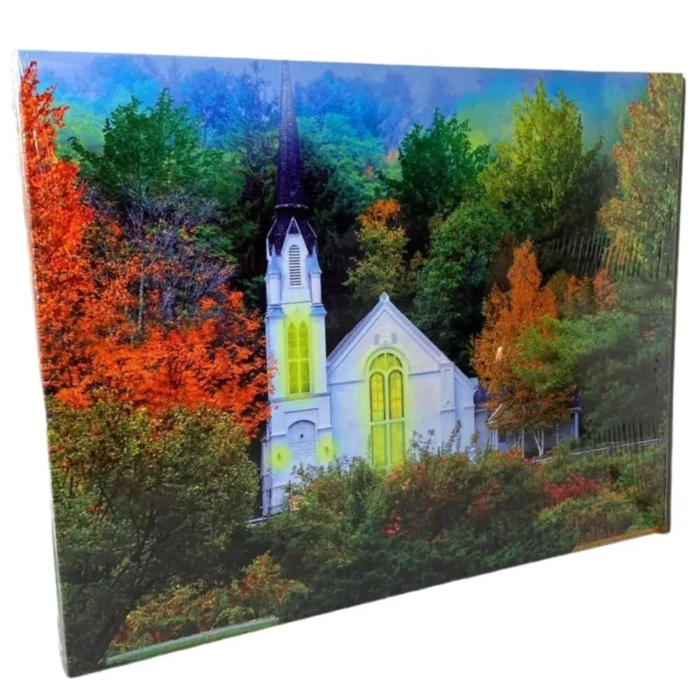 LED Lighted Autumn Church Canvas Wall Art Fall Decor New Factory Sealed